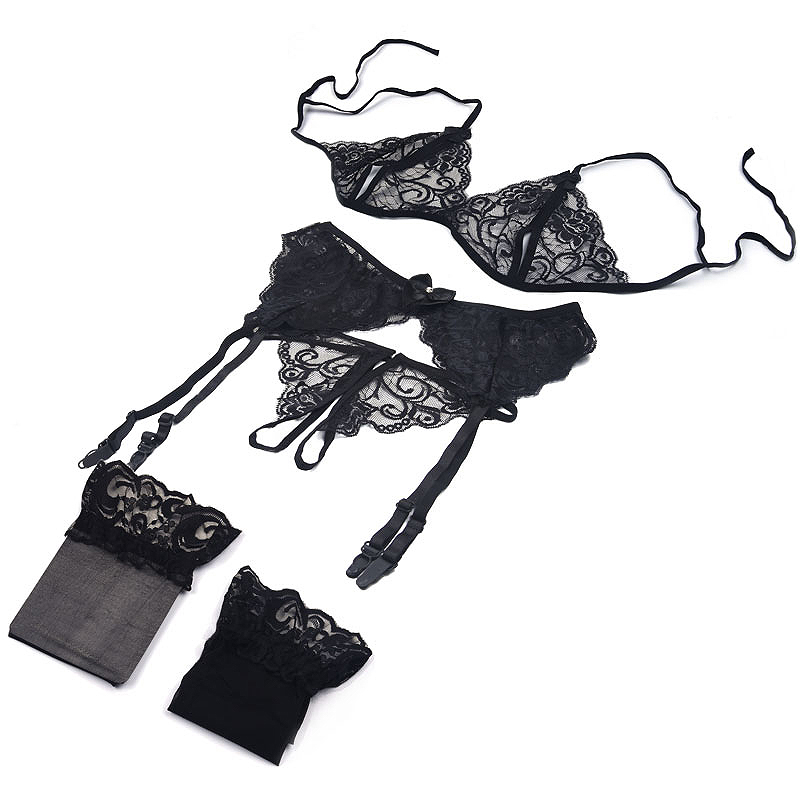 Sheer Mesh Bra - 1セットの女性用レースランジェリー、スリングオープンプッシュアップブラ、ガーターパンティー、透明ネットストッキング、女性用インナーウェア〔HMA58〕