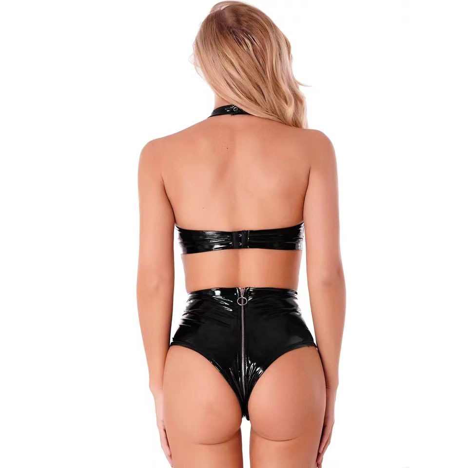 セクシーな黒の光沢のある Pu ラテックスレザーランジェリー - Plunge Bra Push Up のレビューと価格